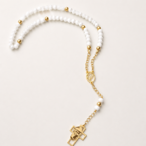 white & gold religious rosary necklace