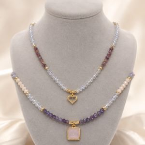 crystal heart layered necklace set