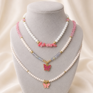 pink butterfly layered necklace set