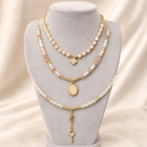 cream & gold key layered necklace set