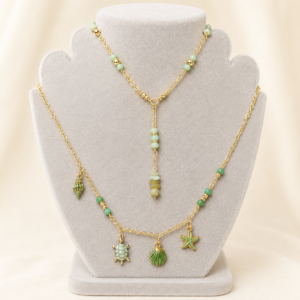 green ocean charm layered necklace set