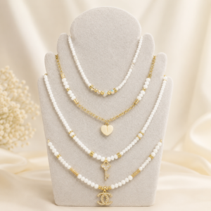 white & gold charm layered necklace set