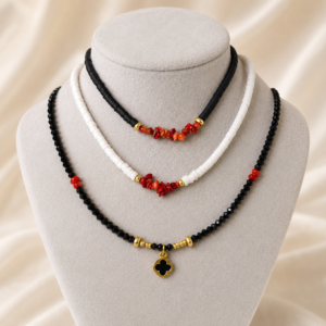 black, white & red clover layered necklace set