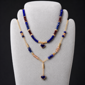 blue & gold heart layered necklace set